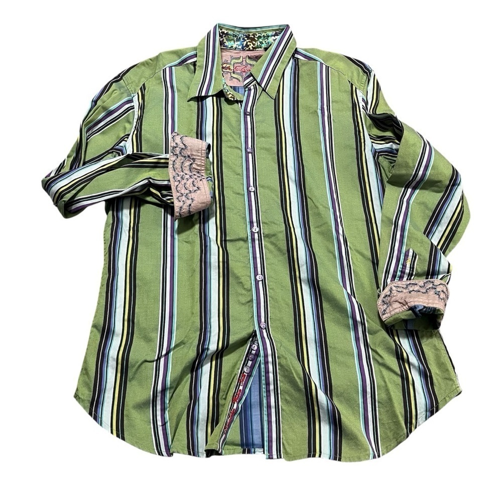 Robert Graham Multicolor Striped Men's Shirt Size Large Embroidered Cuff Collar